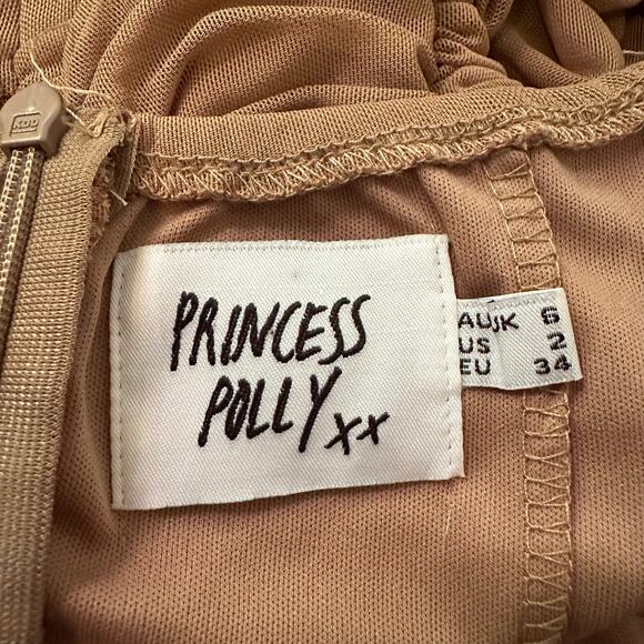 Princess Polly Delaney tan ruched mesh off-the-shoulder long sleeve bodysuit 2 - Picture 4 of 8